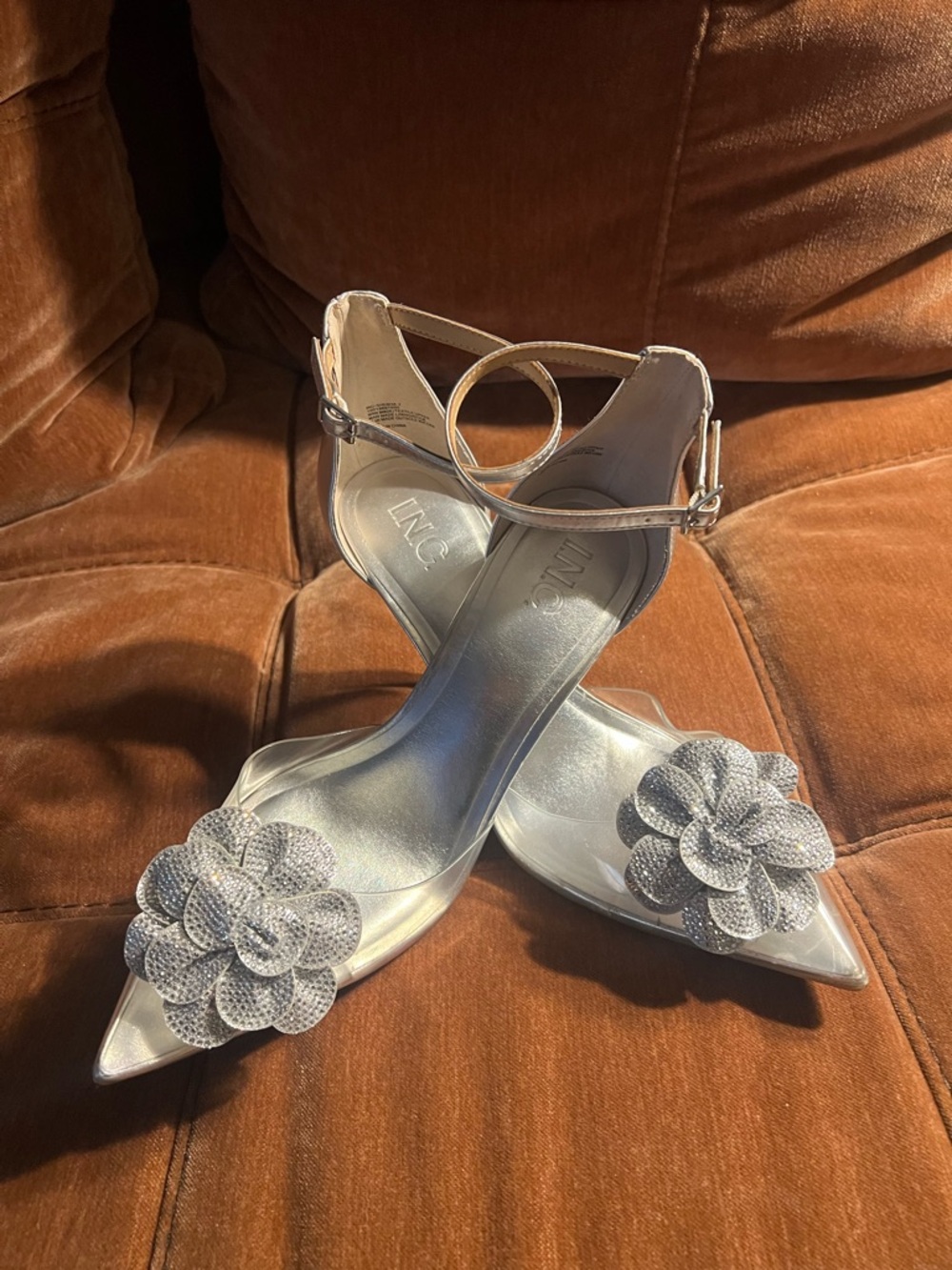 INC International Concepts Silver Pointed-Toe Floral Ankle-Strap Heels